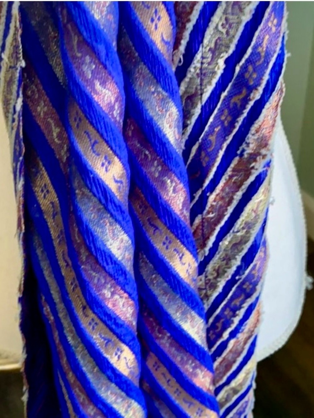 Striped Luxy Indigo & Gold & Bronze Textured Wrap Shawl Scarf Dupatta Chunni - Picture 7 of 11